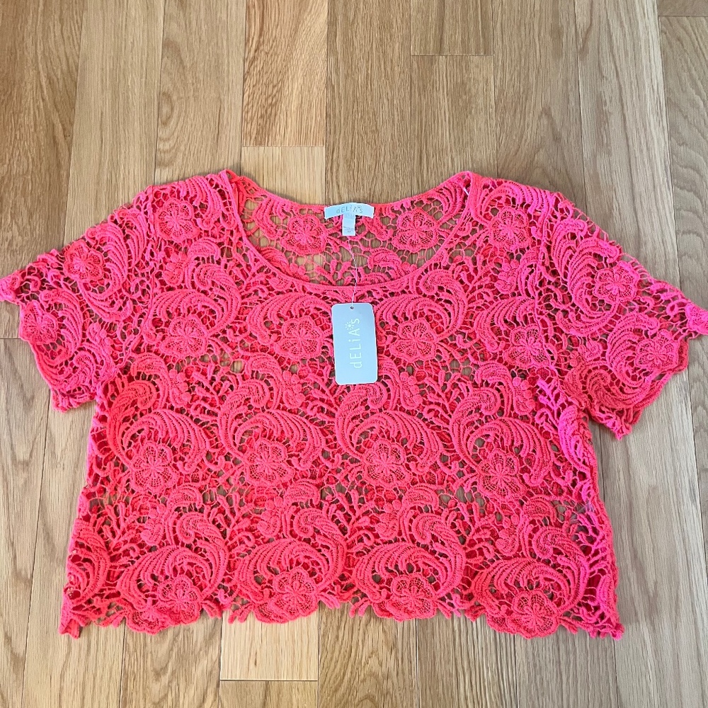 Delia’s Coral Crochet Overlay Crop Top